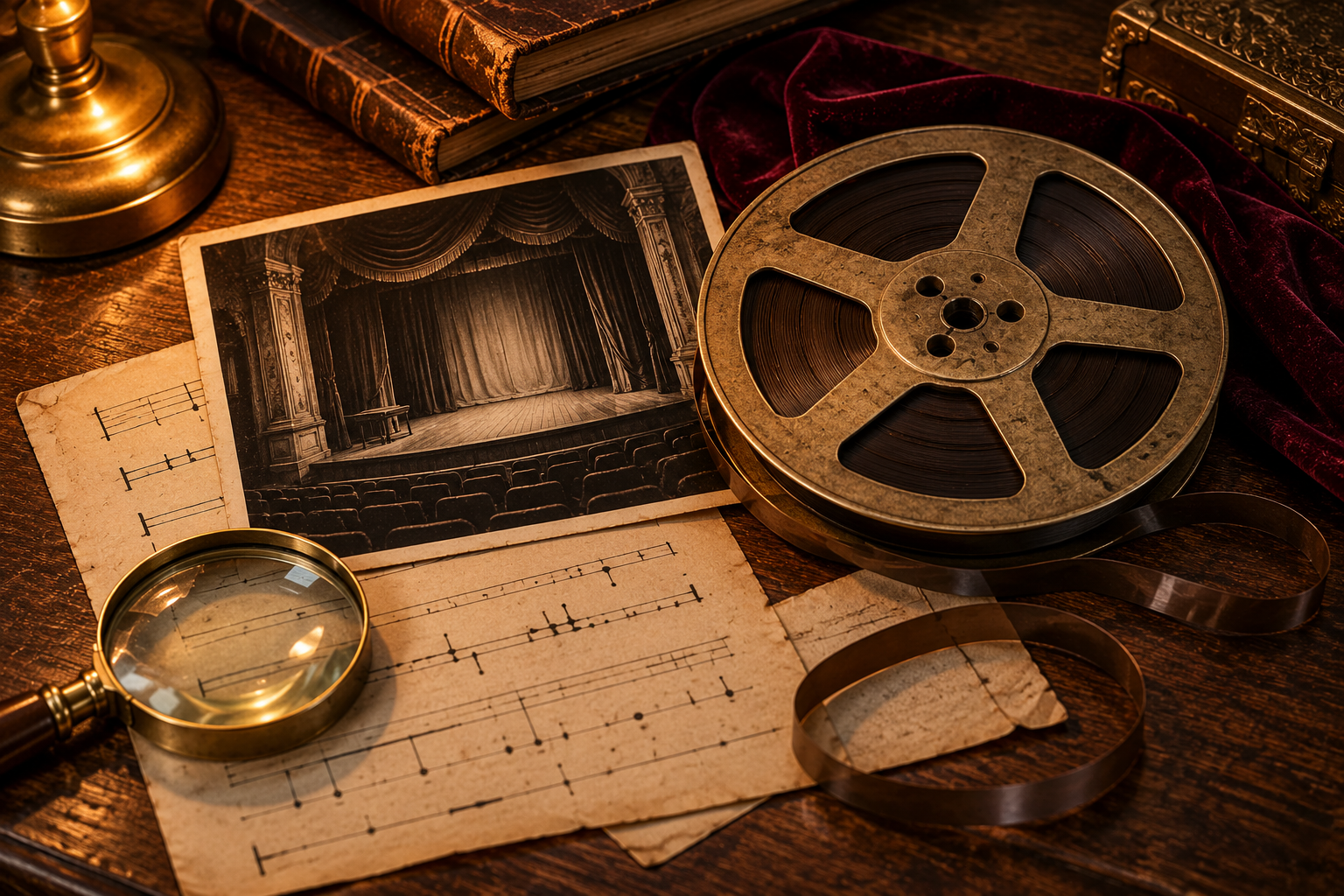 Noir-style illustration of old-theater investigation props