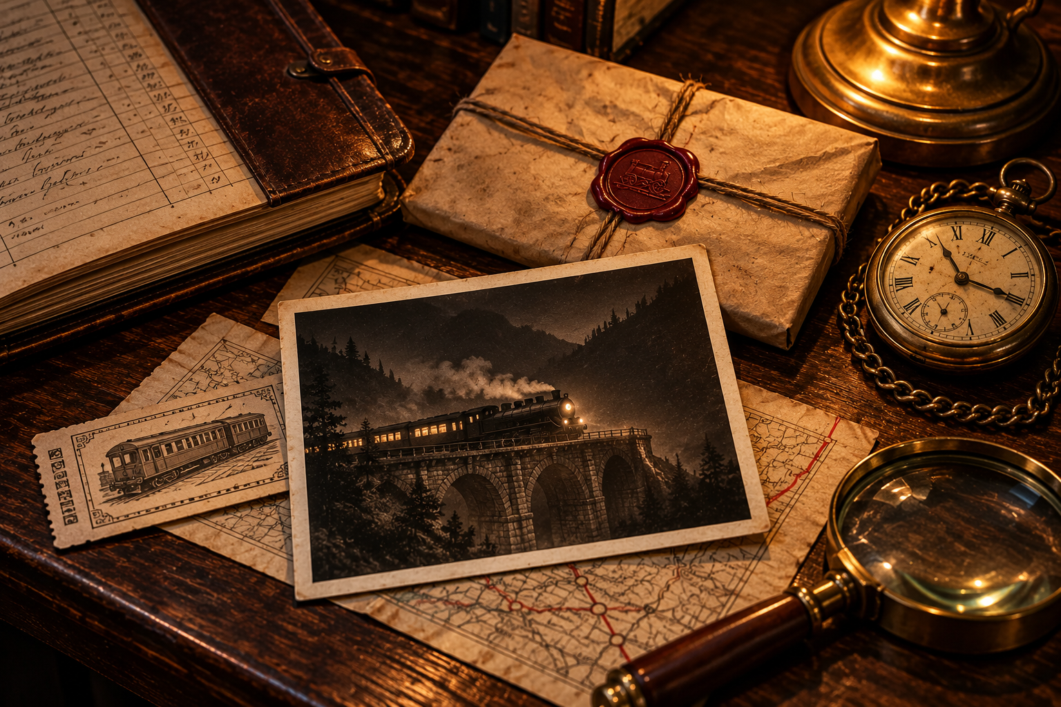 Noir-style illustration of night-train investigation props